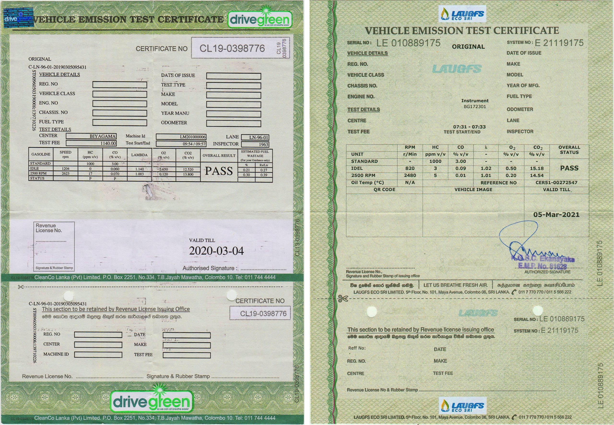 Vehicle Emission Test Certificate